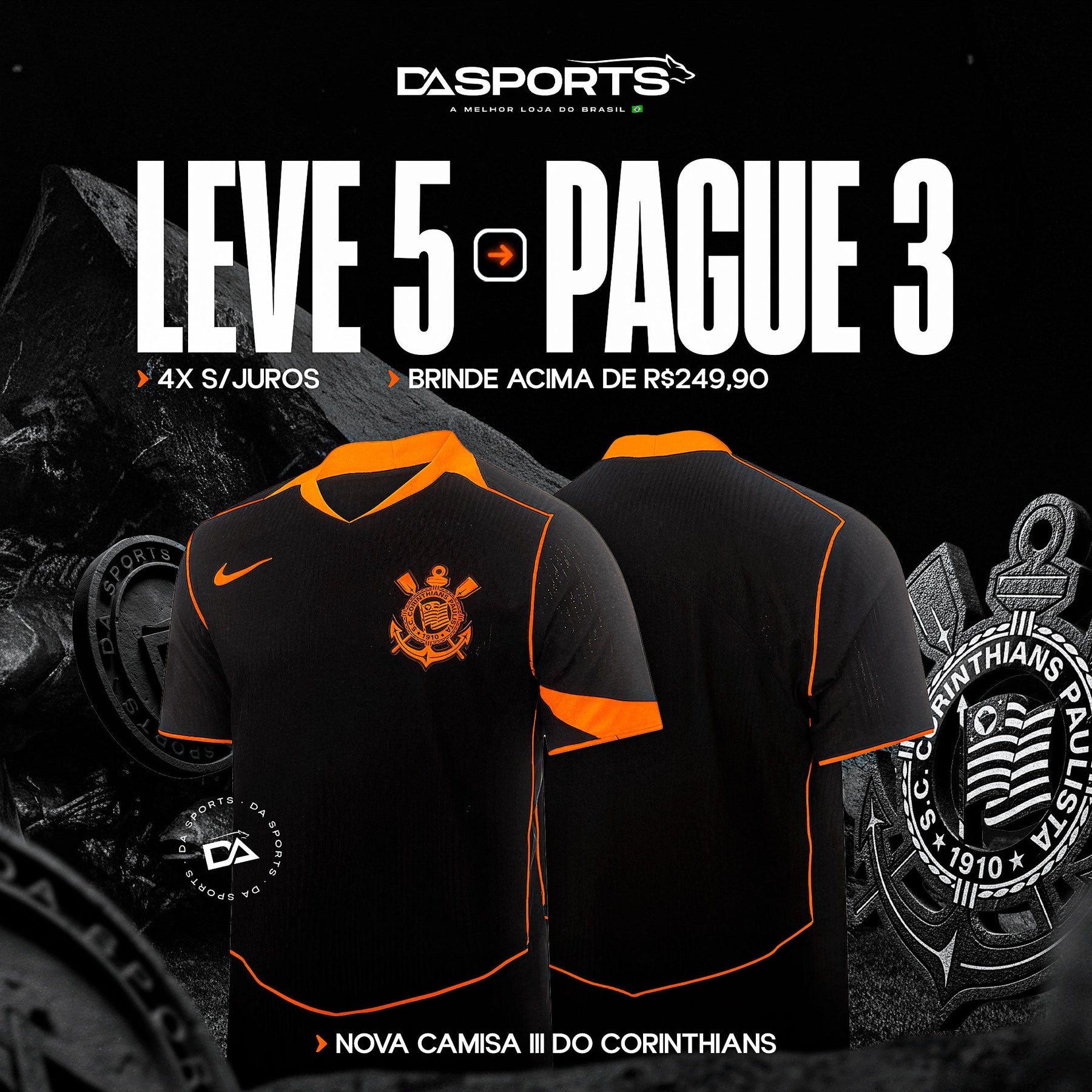 Camisa Nike Corinthians (Total 90) III 2025 - Preta e Laranja - Masculina - Torcedor