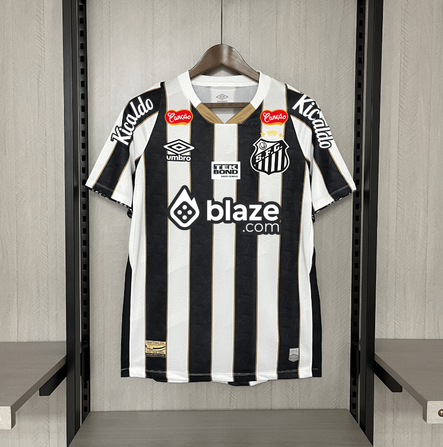 Camisa do Santos I 24/25 preta e branca - Com patrocinios (Neymar JR 10 Incluso) - Garcêz Sports