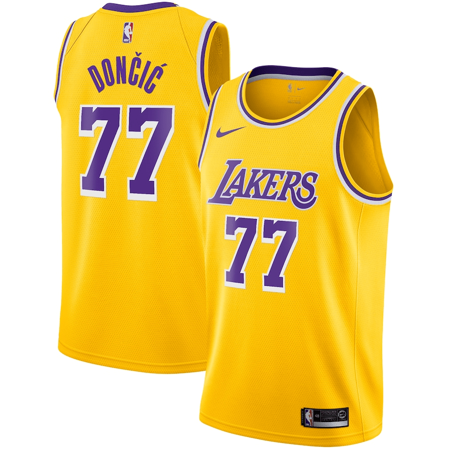 Regata NBA Nike Los Angeles Lakers nº 77 Luka Dončić Masculina - Amarelo+Roxo - Garcêz Sports
